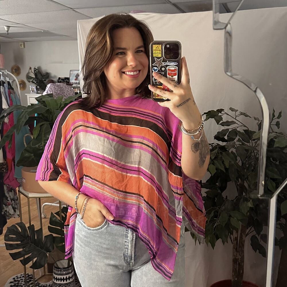 Vintage Silk Stripe Poncho Top Pink Orange One Size